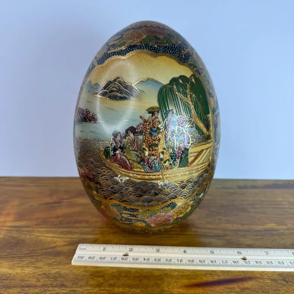 Satsuma Ceramic Egg Gold Trim Geisha Boat Landscape Asian Hand Painted
